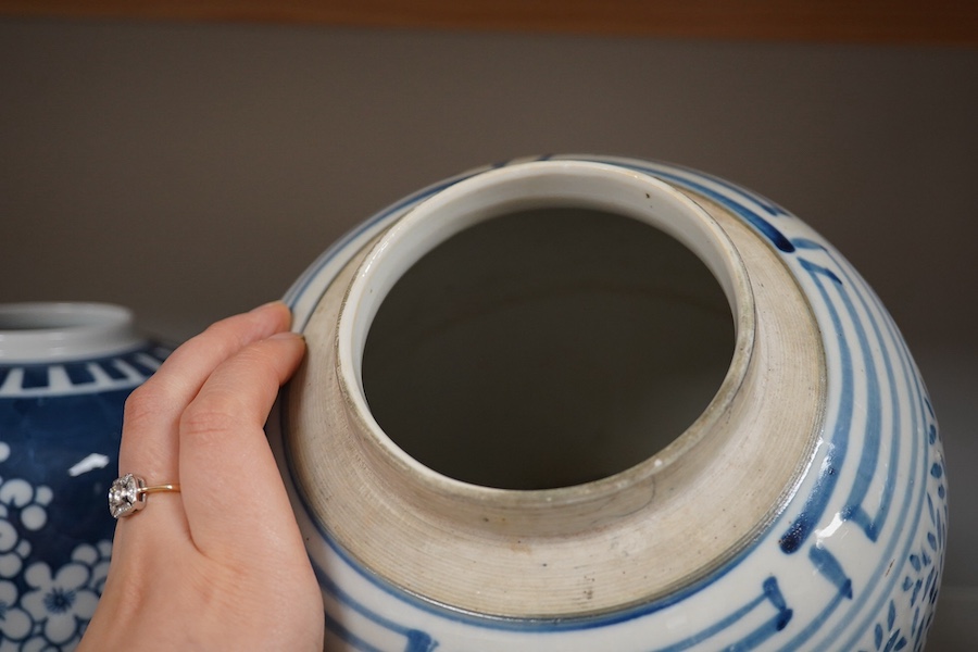 An 18th century Chinese export blue and white plate, together with two other dishes and two ginger jars. Condition - varies